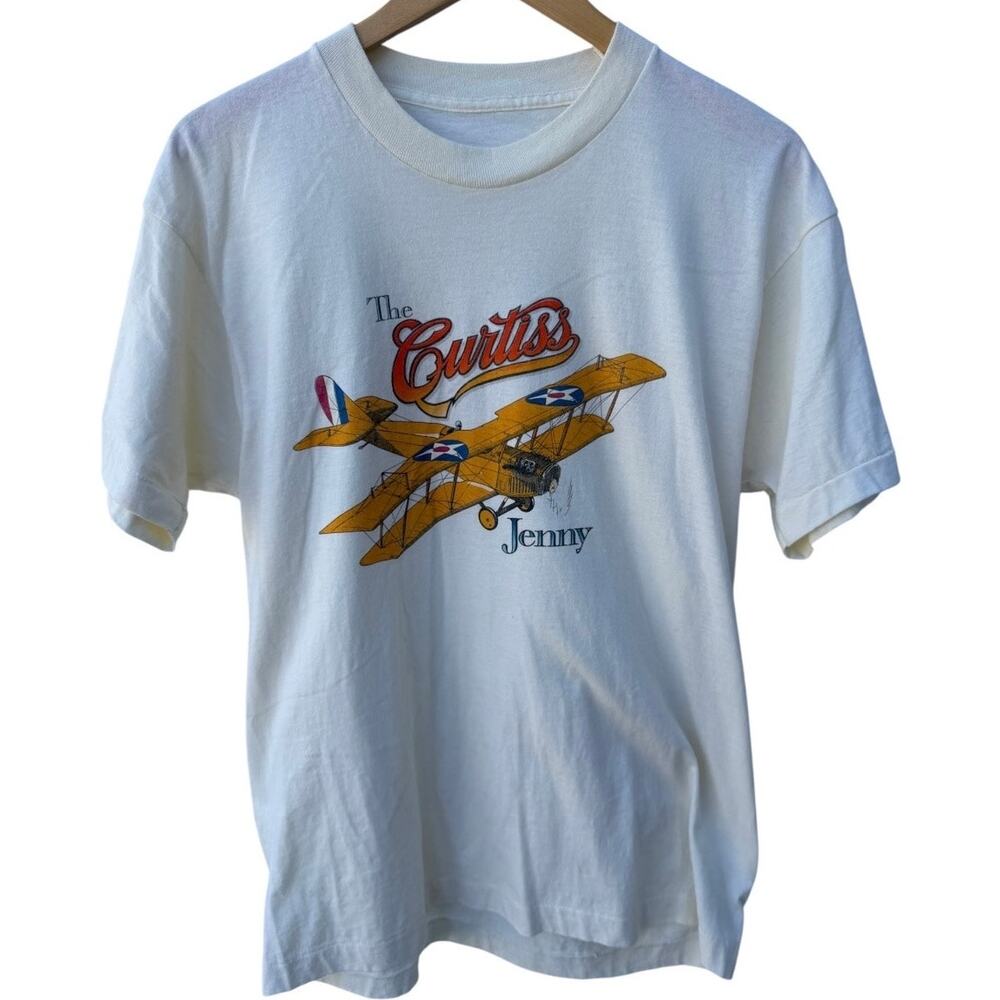 Single Stitch Curtiss Jenny Airplane Graphic T Shirt Mens L White Vintage Plane